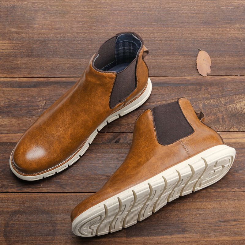 Hommes Cuir Semelle Souple Bout Rond Slip On Trendy Chelsea Casual Boots