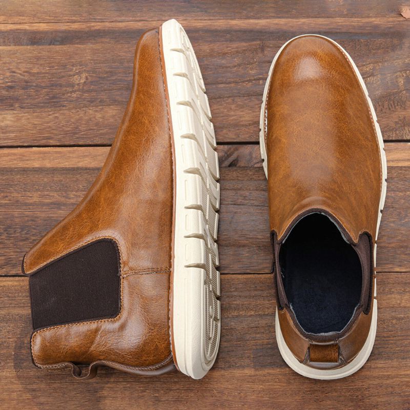 Hommes Cuir Semelle Souple Bout Rond Slip On Trendy Chelsea Casual Boots