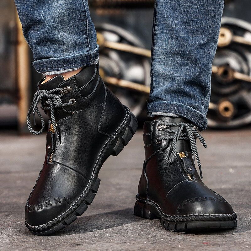 Hommes Cuir De Vachette Fermeture À Glissière Avant Antidérapant Doux Couture À La Main Bottines De Conduite