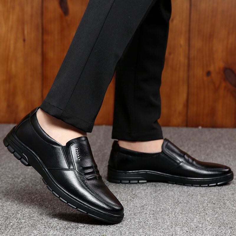 Hommes En Cuir De Vachette Fond Souple Sans Lacet Doublure Chaude Robe Confortable Chaussures D'affaires Décontractées