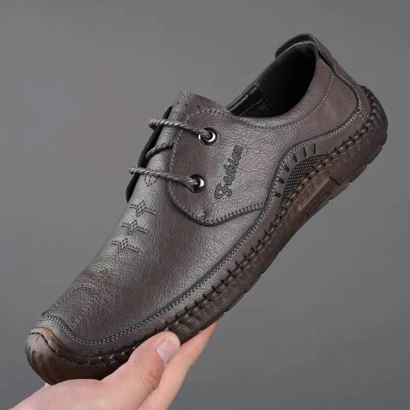 Hommes Cuir De Vachette Respirant Couture À La Main Fond Souple Confortable Conduite Chaussures Plates Décontractées