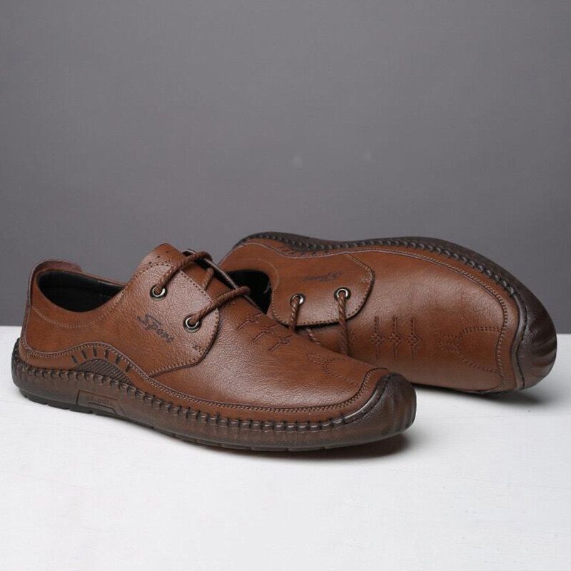 Hommes Cuir De Vachette Respirant Couture À La Main Fond Souple Confortable Conduite Chaussures Plates Décontractées