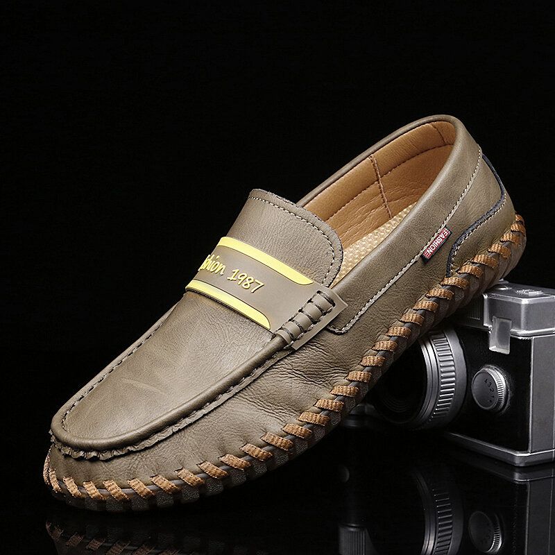 Hommes Cuir De Vachette Respirant Couture À La Main Semelle Souple Confortable Slip On Casual Chaussures