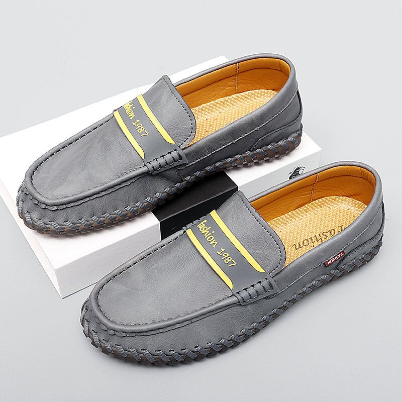 Hommes Cuir De Vachette Respirant Couture À La Main Semelle Souple Confortable Slip On Casual Chaussures