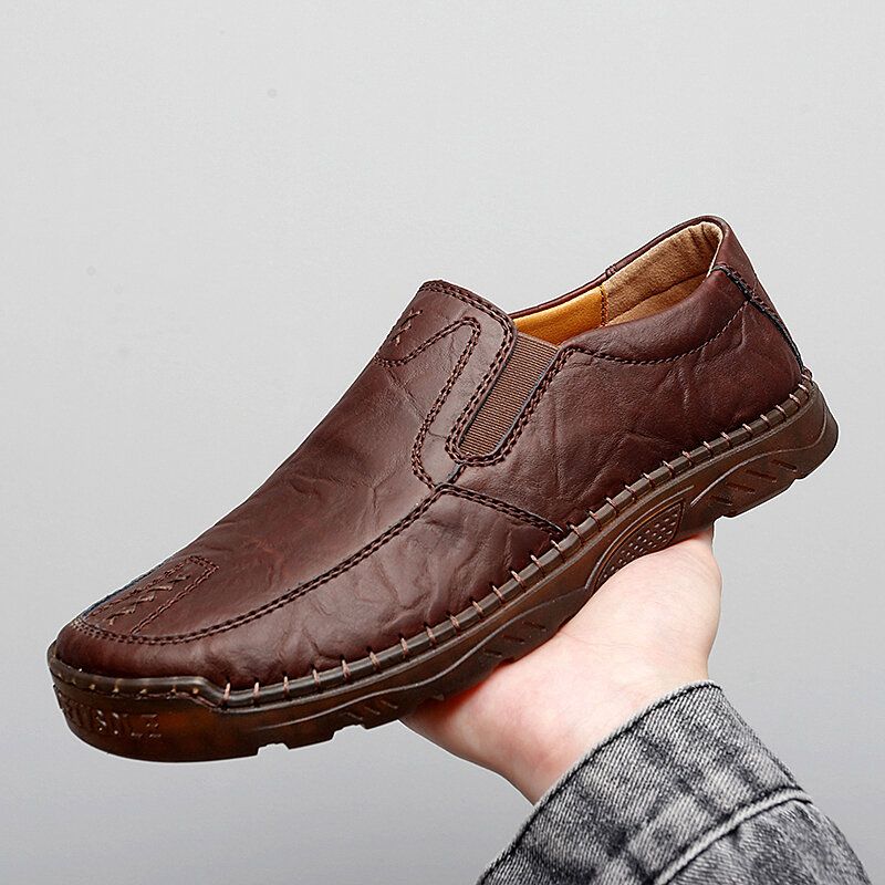 Hommes Cuir De Vachette Respirant Couture À La Main Semelle Souple Slip Sans Lacet Chaussures Décontractées