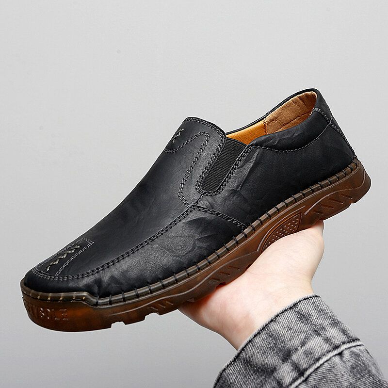 Hommes Cuir De Vachette Respirant Couture À La Main Semelle Souple Slip Sans Lacet Chaussures Décontractées