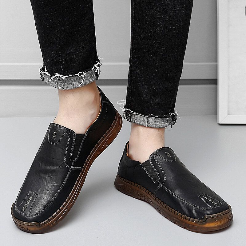 Hommes Cuir De Vachette Respirant Couture À La Main Semelle Souple Slip Sans Lacet Chaussures Décontractées