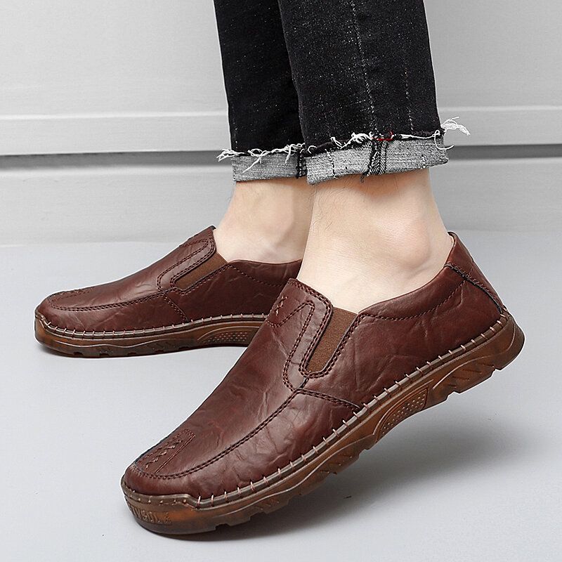 Hommes Cuir De Vachette Respirant Couture À La Main Semelle Souple Slip Sans Lacet Chaussures Décontractées