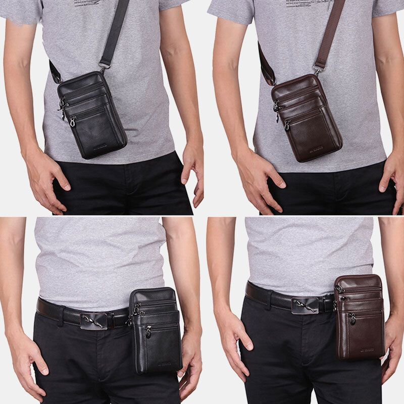 Hommes En Cuir Véritable 7 Pouces Sac De Téléphone Sac De Taille Sac De Ceinture Sac À Bandoulière Sac À Bandoulière