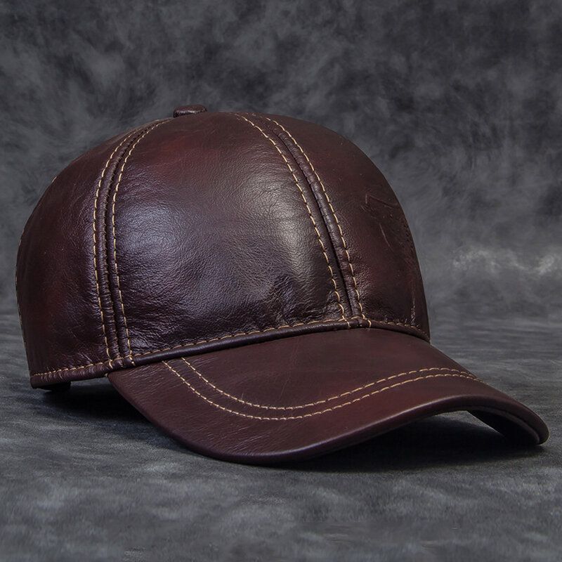 Hommes En Cuir Véritable Armure Toile Dôme Grand Bord Casquette De Baseball Hiver Extérieur Chaleur Réglable Protection Des Oreilles Chapeau En Peau De Vache