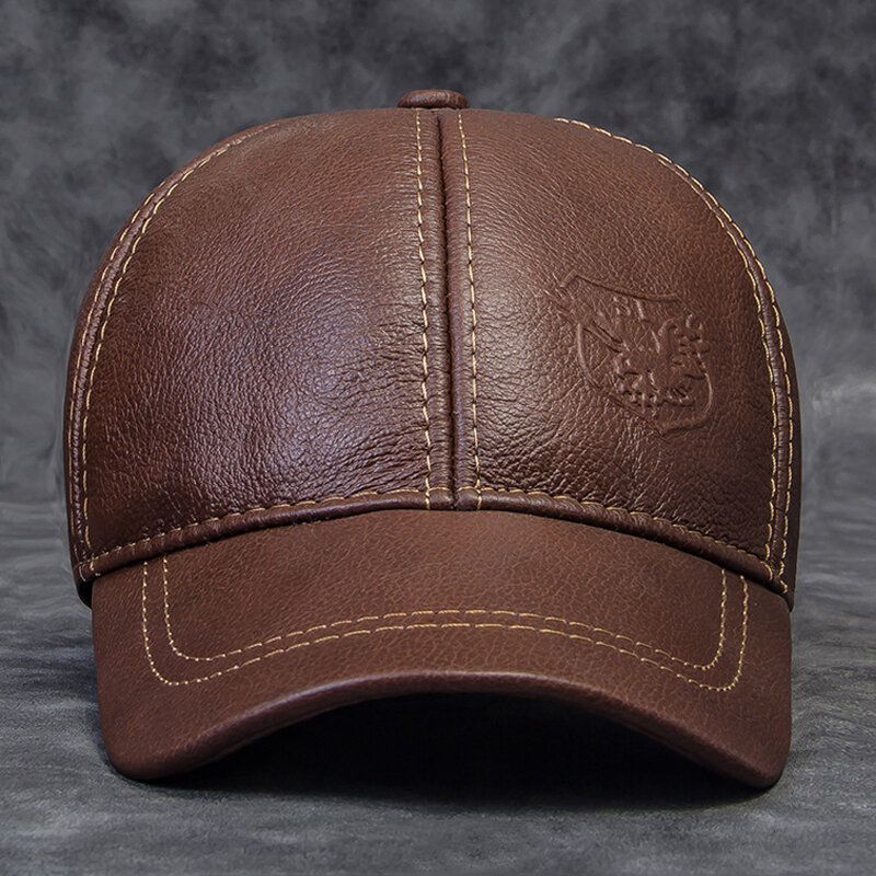 Hommes En Cuir Véritable Armure Toile Dôme Grand Bord Casquette De Baseball Hiver Extérieur Chaleur Réglable Protection Des Oreilles Chapeau En Peau De Vache