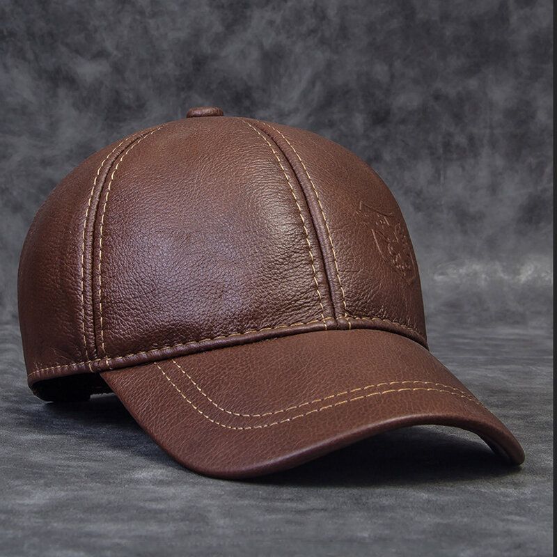 Hommes En Cuir Véritable Armure Toile Dôme Grand Bord Casquette De Baseball Hiver Extérieur Chaleur Réglable Protection Des Oreilles Chapeau En Peau De Vache