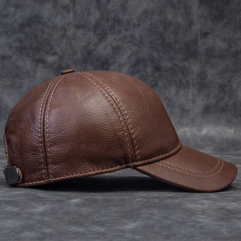 Hommes En Cuir Véritable Armure Toile Dôme Grand Bord Casquette De Baseball Hiver Extérieur Chaleur Réglable Protection Des Oreilles Chapeau En Peau De Vache