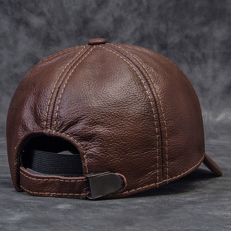 Hommes En Cuir Véritable Armure Toile Dôme Grand Bord Casquette De Baseball Hiver Extérieur Chaleur Réglable Protection Des Oreilles Chapeau En Peau De Vache