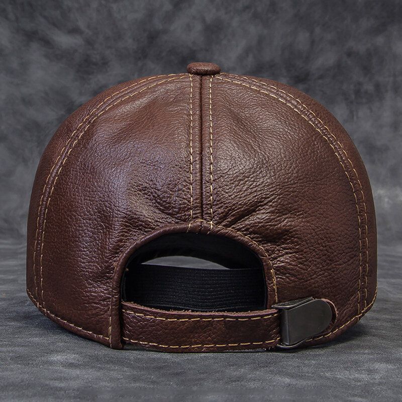 Hommes En Cuir Véritable Armure Toile Dôme Grand Bord Casquette De Baseball Hiver Extérieur Chaleur Réglable Protection Des Oreilles Chapeau En Peau De Vache