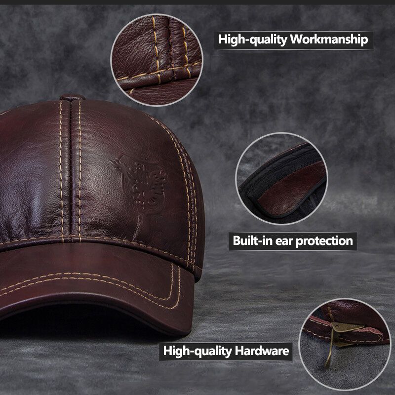 Hommes En Cuir Véritable Armure Toile Dôme Grand Bord Casquette De Baseball Hiver Extérieur Chaleur Réglable Protection Des Oreilles Chapeau En Peau De Vache