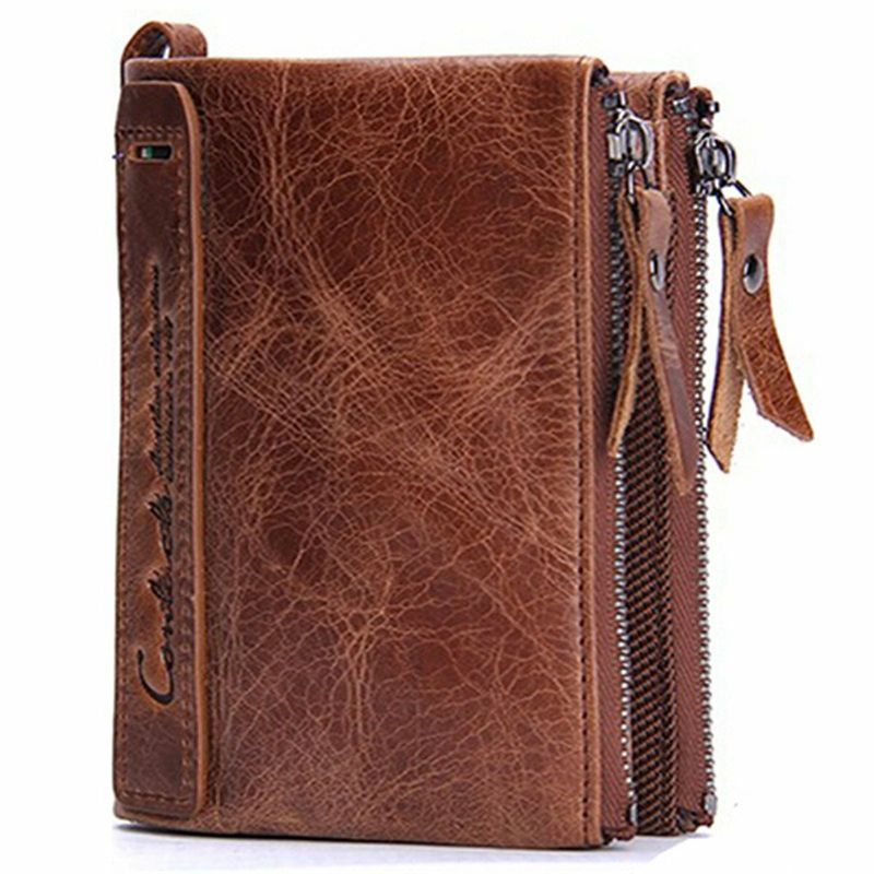 Hommes En Cuir Véritable Bifold Hasp Multi-carte Slot Card Holder Retro Double Zipper Pocket Coin Purse Short Money Clip Wallet