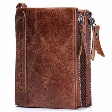 Hommes En Cuir Véritable Bifold Hasp Multi-carte Slot Card Holder Retro Double Zipper Pocket Coin Purse Short Money Clip Wallet