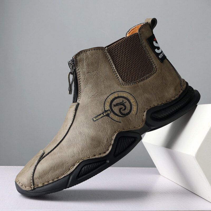 Hommes En Cuir Véritable Couture À La Main Respirant Semelle Souple Chaude Doublée Bottes À Glissière Chaussures Décontractées