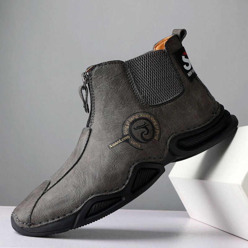 Hommes En Cuir Véritable Couture À La Main Respirant Semelle Souple Chaude Doublée Bottes À Glissière Chaussures Décontractées