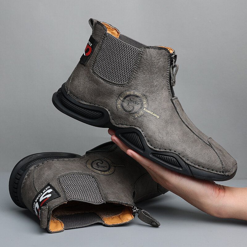 Hommes En Cuir Véritable Couture À La Main Respirant Semelle Souple Chaude Doublée Bottes À Glissière Chaussures Décontractées