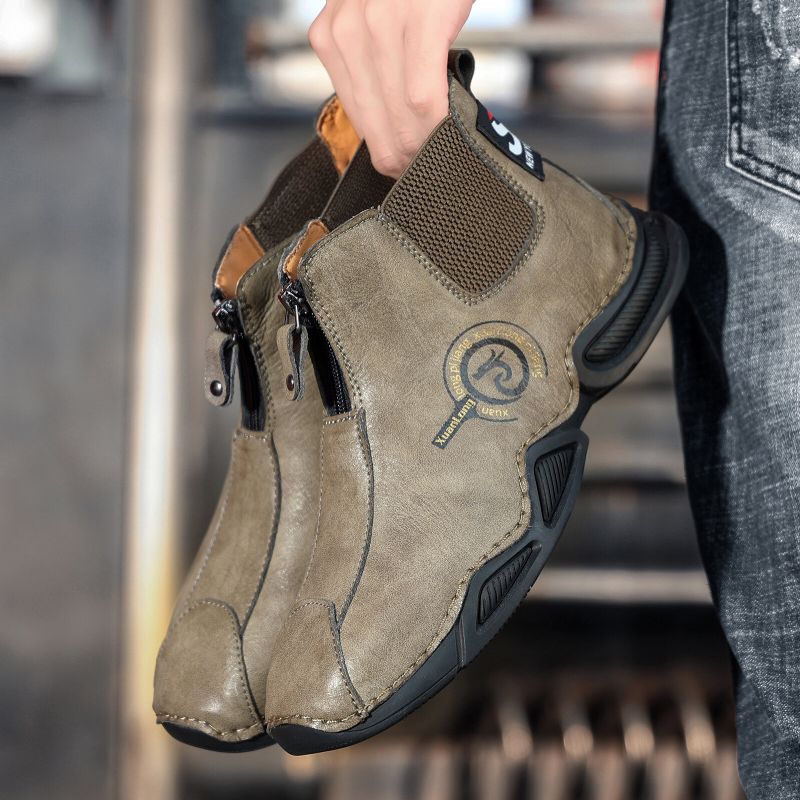 Hommes En Cuir Véritable Couture À La Main Respirant Semelle Souple Chaude Doublée Bottes À Glissière Chaussures Décontractées