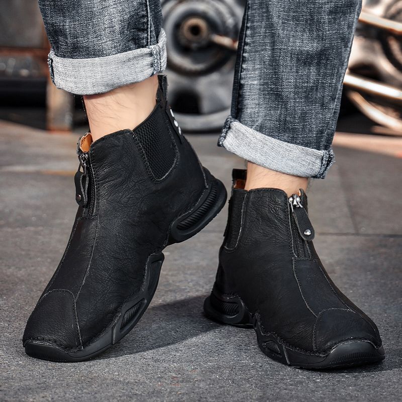 Hommes En Cuir Véritable Couture À La Main Respirant Semelle Souple Chaude Doublée Bottes À Glissière Chaussures Décontractées