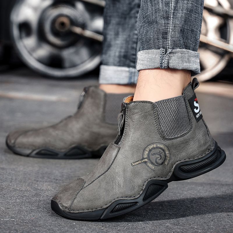 Hommes En Cuir Véritable Couture À La Main Respirant Semelle Souple Chaude Doublée Bottes À Glissière Chaussures Décontractées