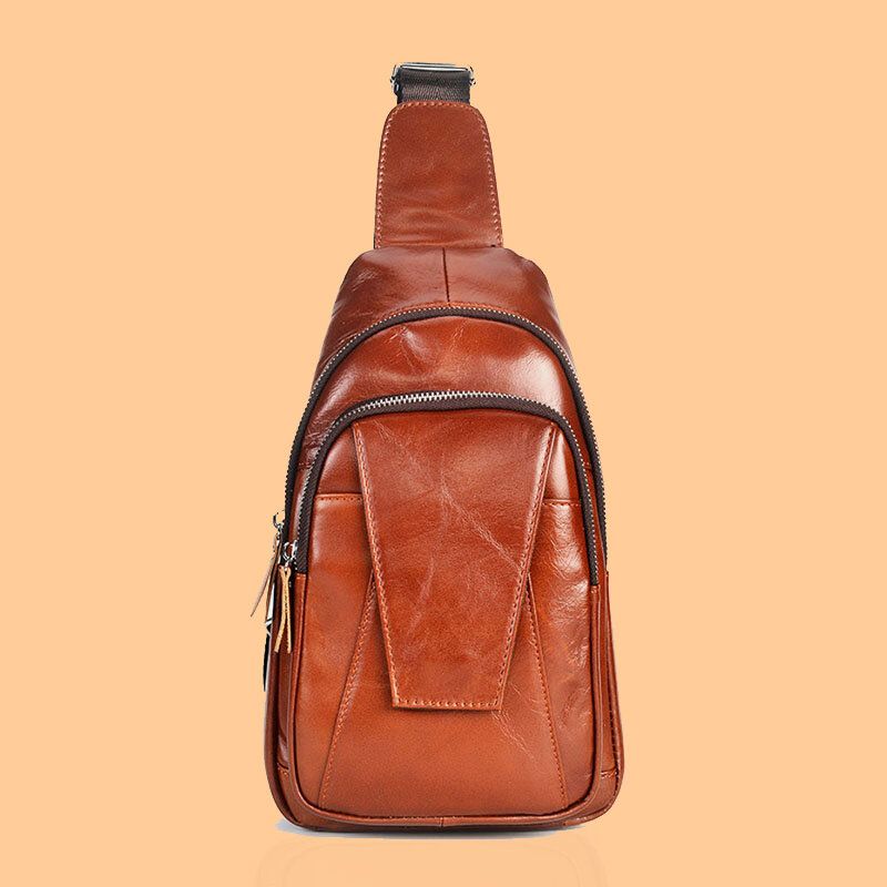 Hommes En Cuir Véritable Dos Anti-vol Fermeture Éclair Poche Poitrine Sac Mode Décontracté Résistant À L'usure Sac À Bandoulière Sac À Bandoulière