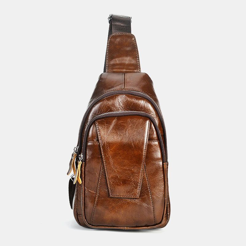 Hommes En Cuir Véritable Dos Anti-vol Fermeture Éclair Poche Poitrine Sac Mode Décontracté Résistant À L'usure Sac À Bandoulière Sac À Bandoulière