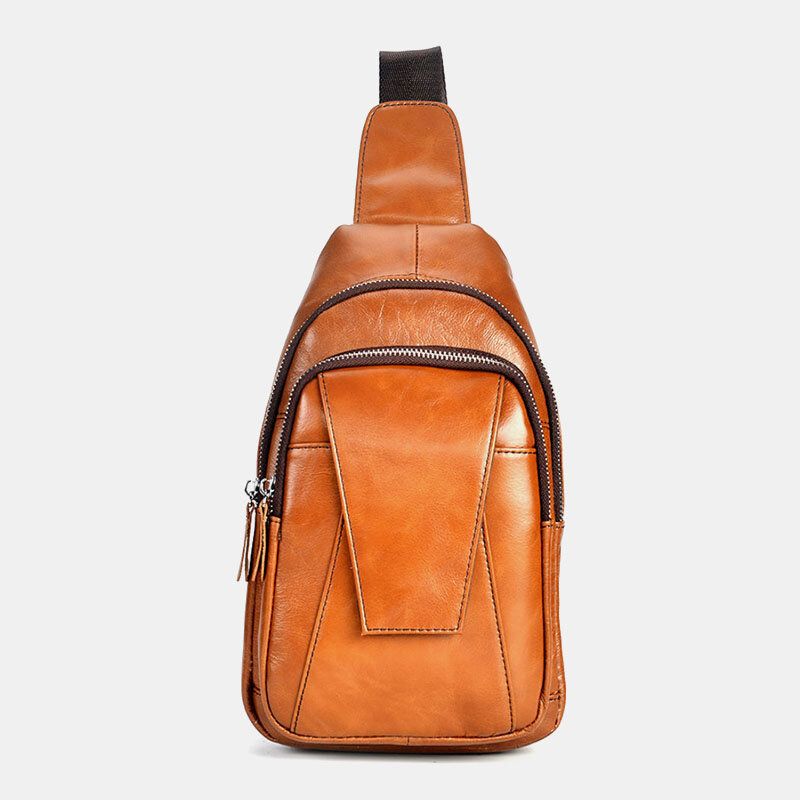 Hommes En Cuir Véritable Dos Anti-vol Fermeture Éclair Poche Poitrine Sac Mode Décontracté Résistant À L'usure Sac À Bandoulière Sac À Bandoulière