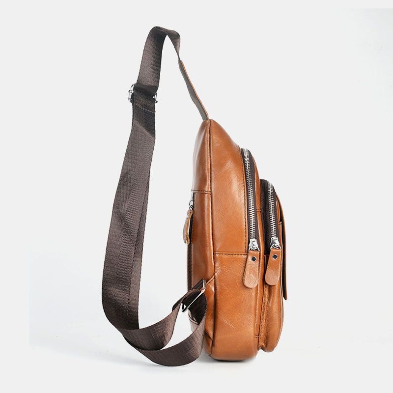 Hommes En Cuir Véritable Dos Anti-vol Fermeture Éclair Poche Poitrine Sac Mode Décontracté Résistant À L'usure Sac À Bandoulière Sac À Bandoulière