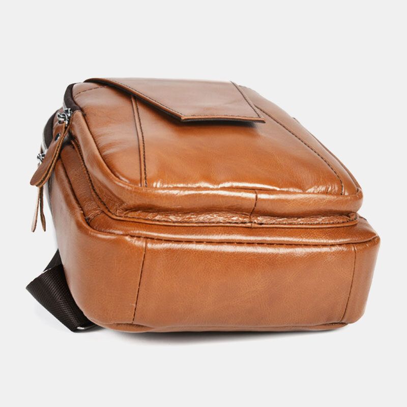 Hommes En Cuir Véritable Dos Anti-vol Fermeture Éclair Poche Poitrine Sac Mode Décontracté Résistant À L'usure Sac À Bandoulière Sac À Bandoulière