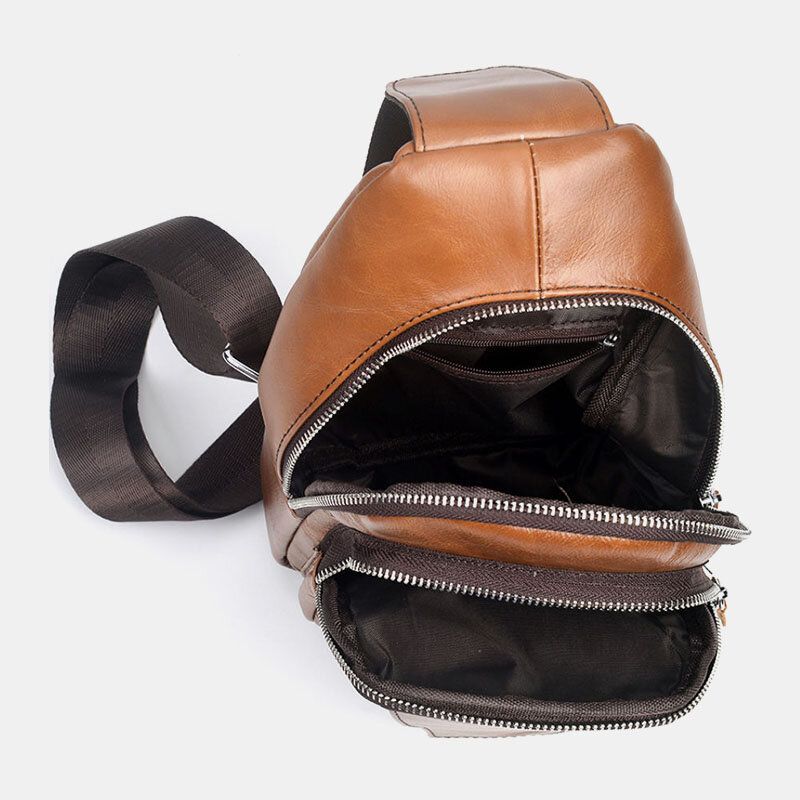 Hommes En Cuir Véritable Dos Anti-vol Fermeture Éclair Poche Poitrine Sac Mode Décontracté Résistant À L'usure Sac À Bandoulière Sac À Bandoulière