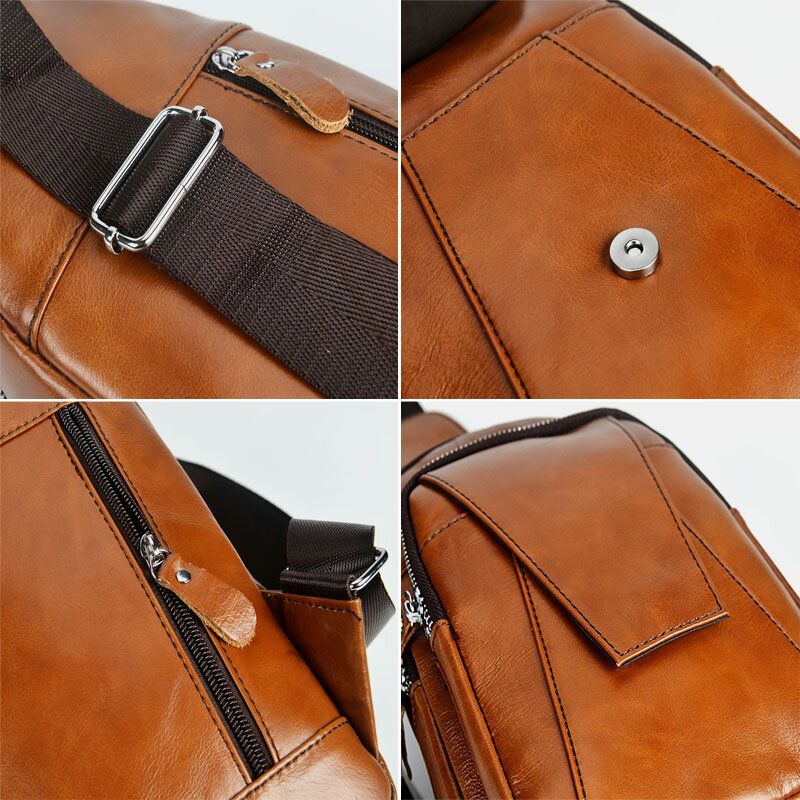 Hommes En Cuir Véritable Dos Anti-vol Fermeture Éclair Poche Poitrine Sac Mode Décontracté Résistant À L'usure Sac À Bandoulière Sac À Bandoulière