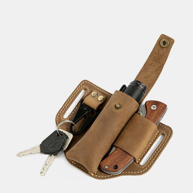 Hommes En Cuir Véritable Edc Fanny Pack Multitool Lampe De Poche Clé Couteau Pliant Organisateur Taille Ceinture Sac