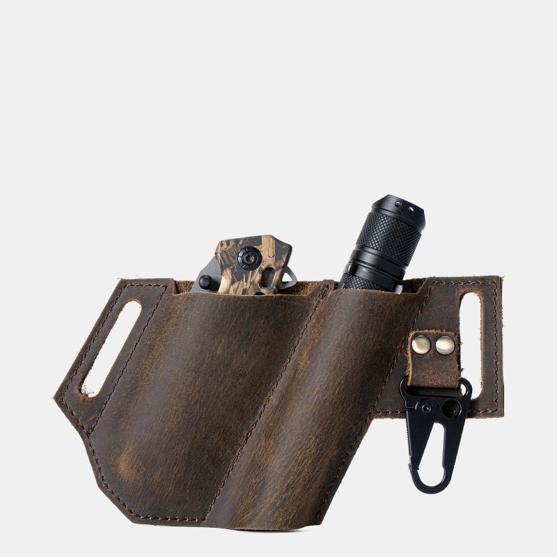 Hommes En Cuir Véritable Edc Multitool Lampe De Poche Clé Couteau Pliant Organisateur Taille Ceinture Sac