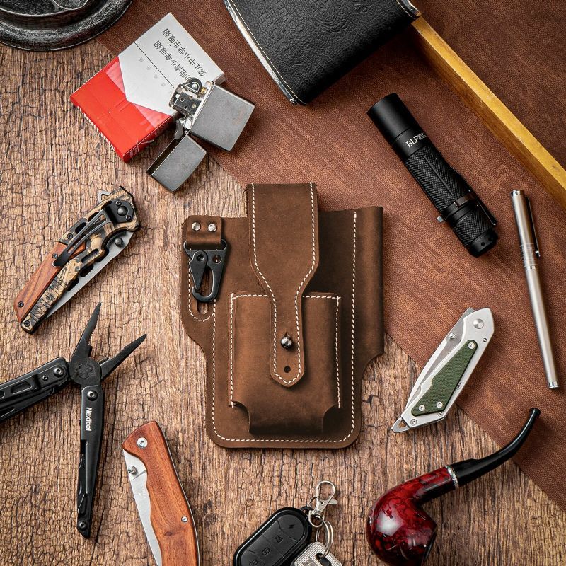 Hommes En Cuir Véritable Edc Multitool Stylo Porte-clés Organisateur Taille Ceinture Sac