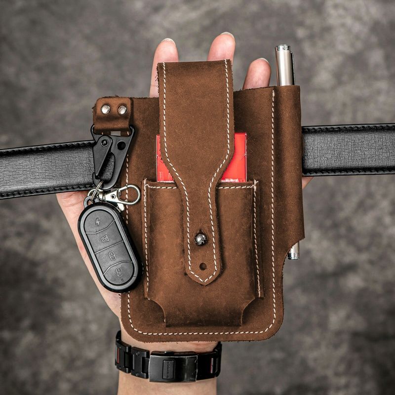 Hommes En Cuir Véritable Edc Multitool Stylo Porte-clés Organisateur Taille Ceinture Sac