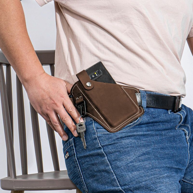 Hommes En Cuir Véritable Edc Multitool Téléphone Portable Porte-clés Organisateur Taille Ceinture Sac