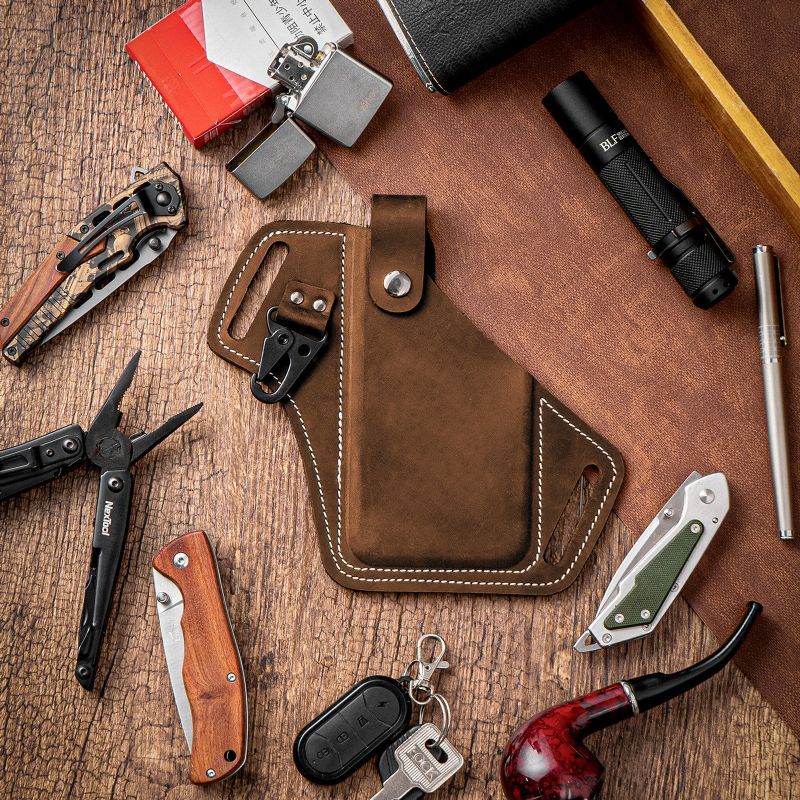 Hommes En Cuir Véritable Edc Multitool Téléphone Portable Porte-clés Organisateur Taille Ceinture Sac