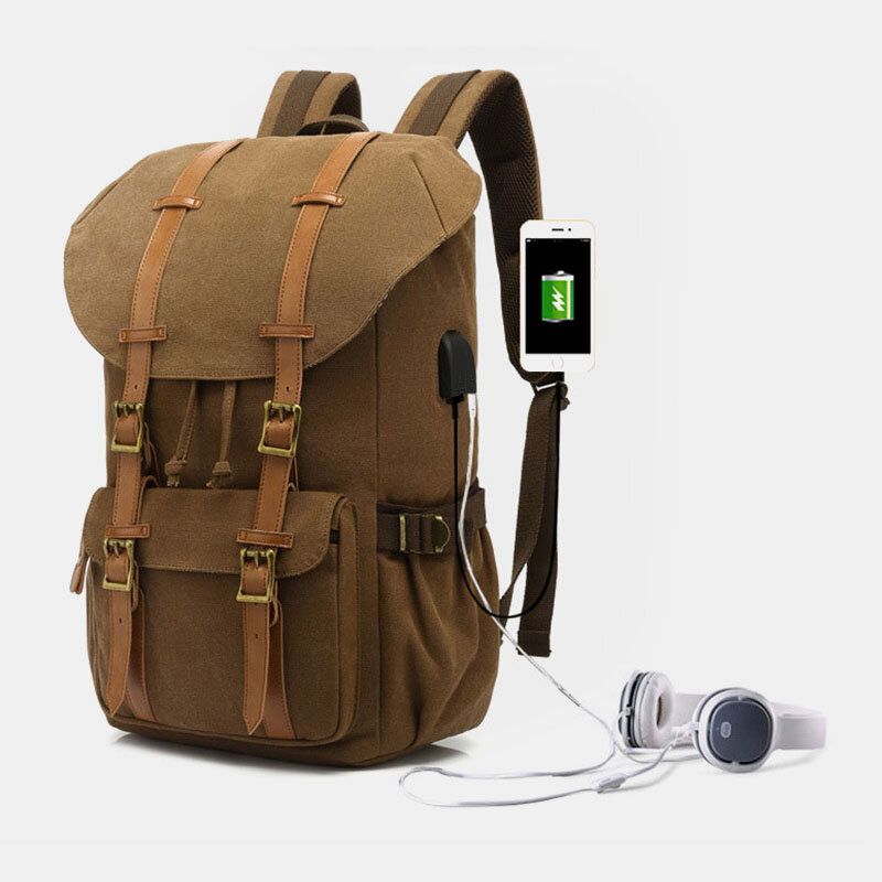 Hommes En Cuir Véritable Et Toile Usb Charge Rétro Voyage Extérieur Grande Capacité Sac À Dos