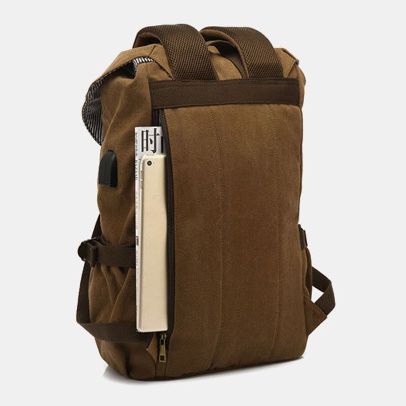 Hommes En Cuir Véritable Et Toile Usb Charge Rétro Voyage Extérieur Grande Capacité Sac À Dos