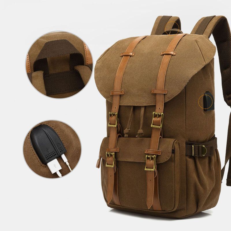 Hommes En Cuir Véritable Et Toile Usb Charge Rétro Voyage Extérieur Grande Capacité Sac À Dos