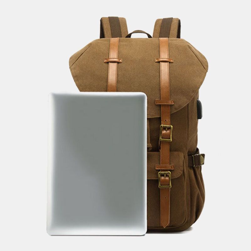 Hommes En Cuir Véritable Et Toile Usb Charge Rétro Voyage Extérieur Grande Capacité Sac À Dos