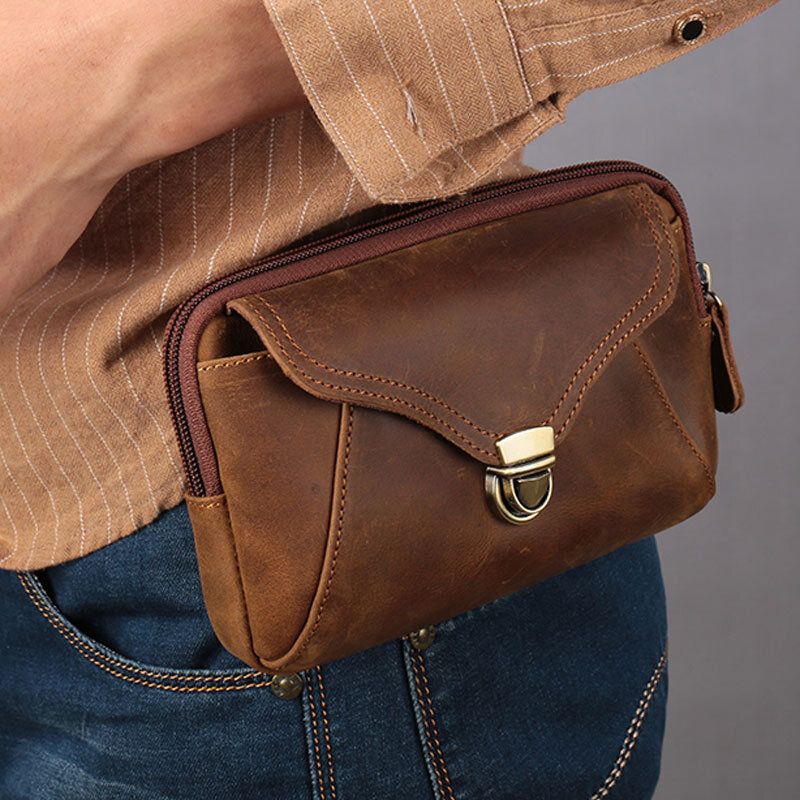 Hommes En Cuir Véritable Étanche Grande Capacité Téléphone Sac Peau De Vache Taille Packs Porte-monnaie