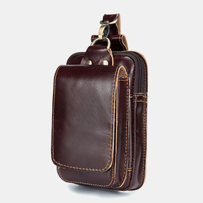 Hommes En Cuir Véritable Fermeture Éclair Moraillon Grande Capacité Vintage 6.5 Pouces Sac De Téléphone Sac De Taille