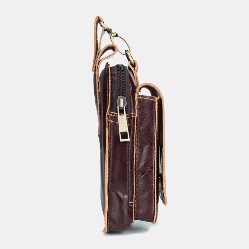 Hommes En Cuir Véritable Fermeture Éclair Moraillon Grande Capacité Vintage 6.5 Pouces Sac De Téléphone Sac De Taille