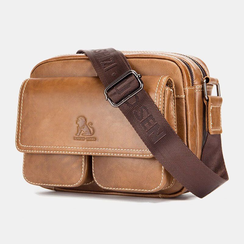 Hommes En Cuir Véritable Grande Capacité Multi-poches Antivol Vintage Sac À Bandoulière En Cuir De Vachette Sac À Bandoulière