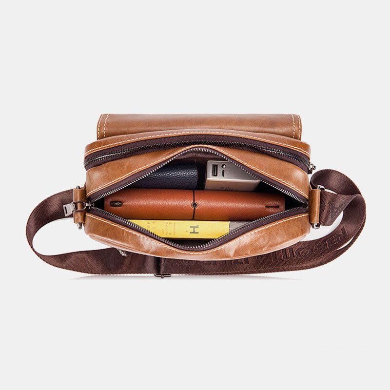 Hommes En Cuir Véritable Grande Capacité Multi-poches Antivol Vintage Sac À Bandoulière En Cuir De Vachette Sac À Bandoulière